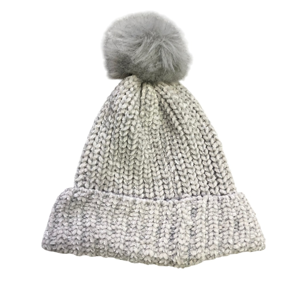 Jules Kae Beanie Pom Pom Hat Womens Grey Knit Faux Fur Recycled Vegan NEW‎